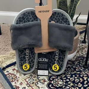 Hey Dude Gray Leopard Print Fuzzy Slides